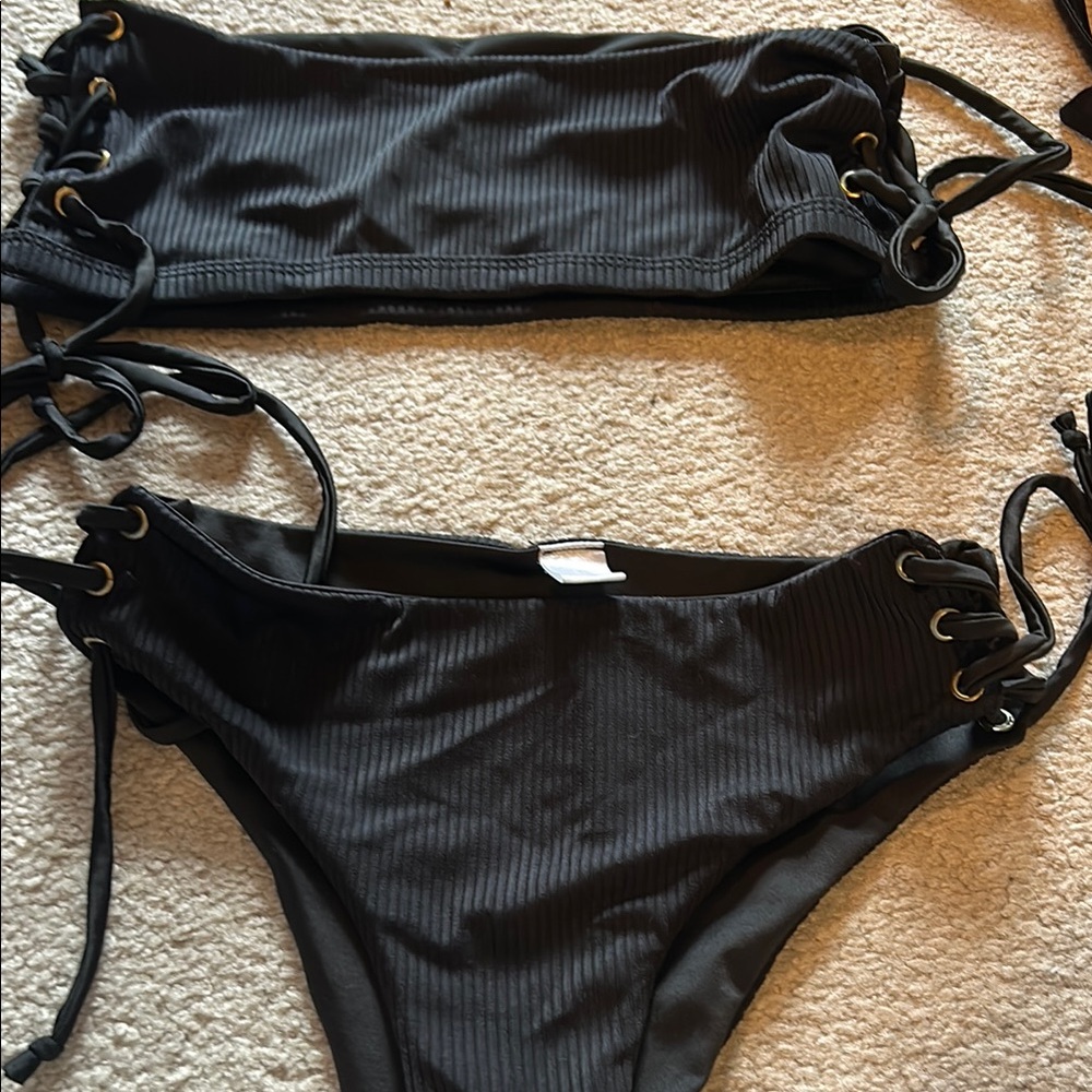 Black Ribbed Bikini Bottom with Adjustable Ties